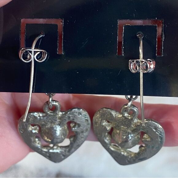 Silver Heart Shaped Dangle Earrings with Purple Gold Rhinestone Accents - Picture 4 of 5